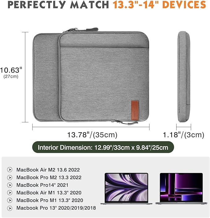 MoKo Laptop Sleeve Bag for 13.3-14 Inch, Notebook Carrying Case with Pocket Fits New MacBook Pro M3/M2 14" /13" M2/M1 Pro/M1 Max 14.2 2023-2021/Air 13.6" M2 2022, Surface Pro 9/8 13", Light Gray
