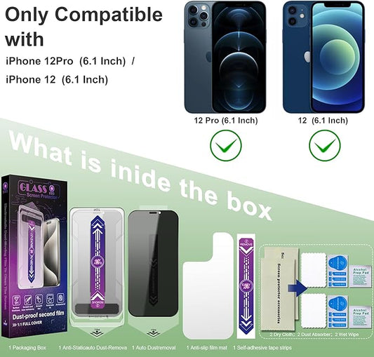 2 Pack Privacy Screen Protector for iPhone 12 Pro and iPhon 12 6.1-Inch Auto Dust Removal, No Bubbles,Anti-Spy Tempered Glass Film, Easy Installation