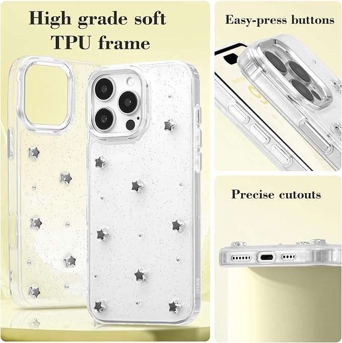EYZUTAK Case for iPhone Air, Bling Glitter 3D Stars Phone Case Cute Sparkly Crystal Clear Star Aesthetic Design Cover Slim Soft Durable TPU Transparent Protective Cover for Women Girls - Star