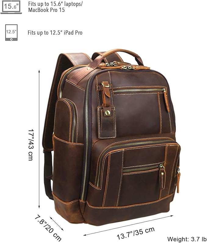 LANNSYNE Men's Vintage Full Grain Leather 15.6 Inch Laptop Backpack Camping Travel 24L Rucksack