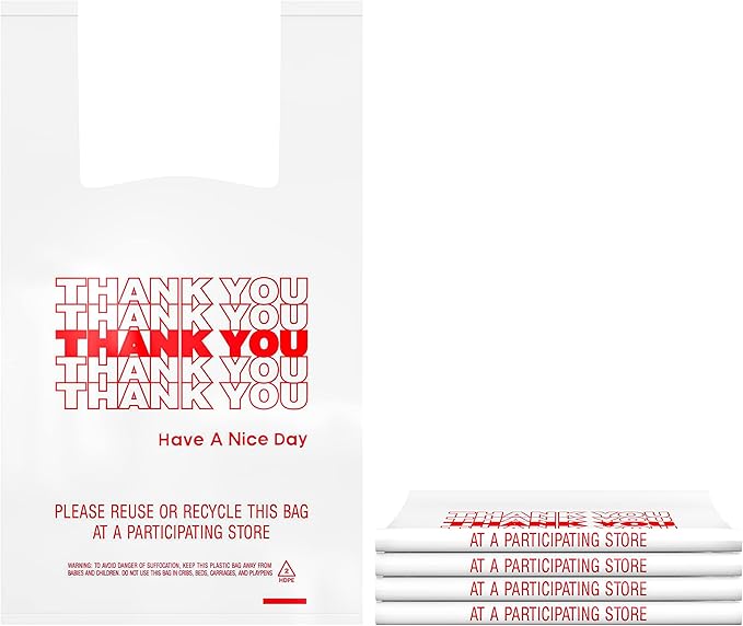 400 Pack Thank You T-Shirt Bags - Premium Quality 15 Mic (0.6 Mil) Thick Reusable Plastic Bags: 11.5" x 6.5" x 21
