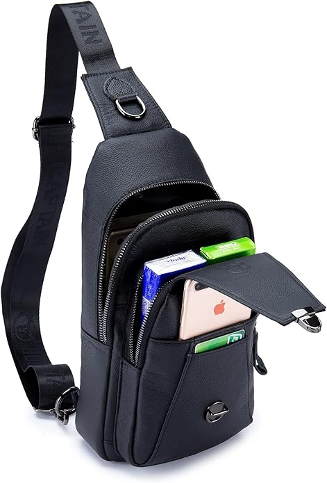 BULLCAPTAIN Leather Sling Bag for Men Multi-pocket Crossbody Chest Bag Travel Casual Shoulder Backpack