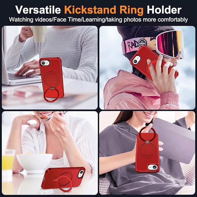 Compatible with iPhone 16E Case with Invisible Magnetic O-Ring Stand Military-Grade Case for iPhone 16E 6.1" 2025 [Compatible with Mag-Safe][Great Grip Feeling], Red