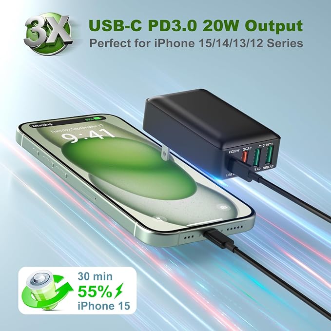 Flat USB C Wall Charger, OKRAY 40W 4-Port Fast Charging Blocks with Foldable Plug, QC&PD3.0 Multiport Travel Power Adapter Type C Phone Charger Compatible for iPhone 16 15 14 13 12 Pro, Galaxy S25 A35