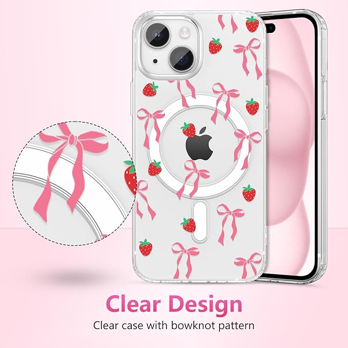 ZTOFERA for iPhone 13/14 Magnetic Case Clear,Cute Love Heart Ribbon Bow Tie Aesthetic Phone Case,Transparent Trendy Slim Soft Shockproof Protective Phone Cover for Women Girls,Blush