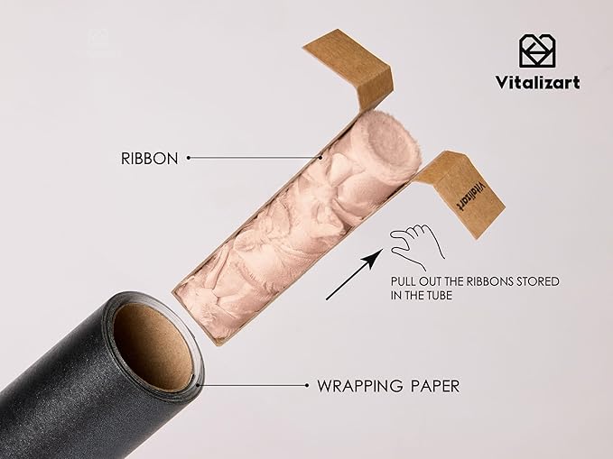 Vitalizart Black Wrapping Paper Set 17" Pearly-Lustre With Silk Like Satin Ribbon & Gift Tags Recyclable Eco-Friendly Christmas Gift Wrapping Birthday Baby Shower Wedding Handmade Crafts 197"(16.4 Ft)