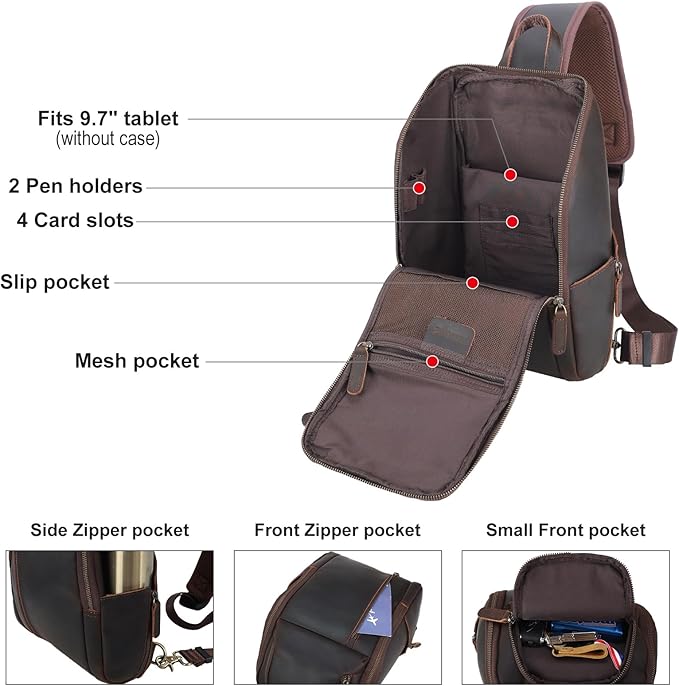 TIDING Genuine Leather Sling Bag Chest Pack for Men Casual Travel Shoulder Bag Sling Backpack fits 9.7" Tablet