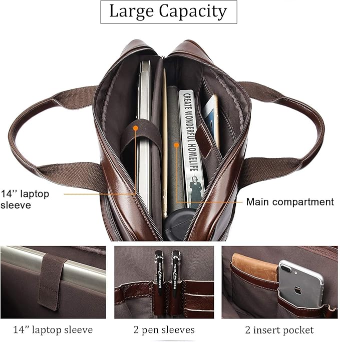 Augus Leather Messenger Bag for Men Vintage Travel Backpack 17 inch laptop Briefcase Shoulder Bags