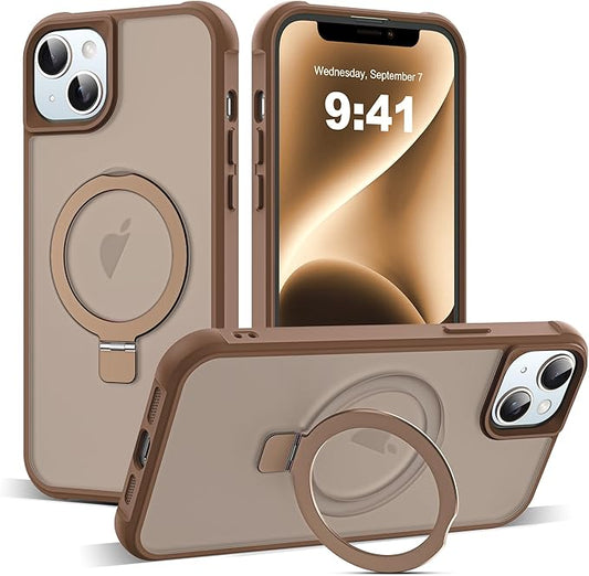 Compatible with iPhone 14 Plus Case with Invisible Magnetic O-Ring Stand Military-Grade Translucent Case for iPhone 14 Plus 6.7" [Compatible with Mag-Safe][Great Grip Feeling],Desert Brown