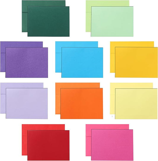 100 Packs 10 Assorted Colors Blank Note Cards and Envelopes 4.25 x 5.5 Heavyweight Single Panel Cardstock and A2 Envelopes Printable Self Seal for Wedding, Invitations, Thank You Cards