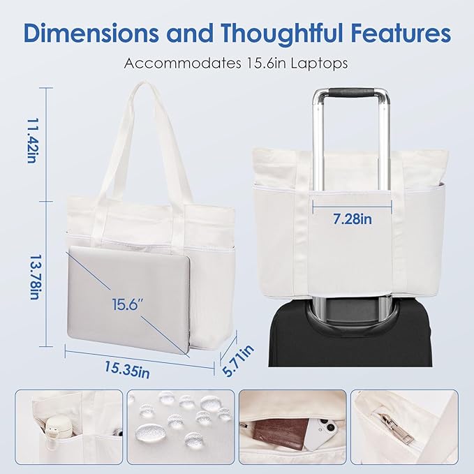 Tote Bag for Women with Zipper, Convertible Travel and Work Shoulder Bag, Large Teacher Tote Bag with Luggage Strap