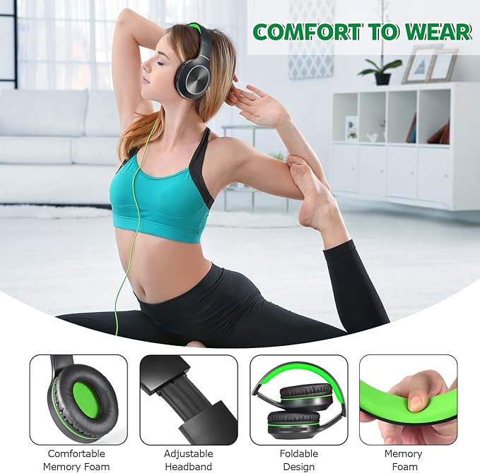 Bluetooth Headphones Over Ear, 68H Playtime 3 EQ Music Modes Wireless Headphones with Microphone/Deep Bass, HiFi Stereo Foldable Headset for PC Home Travel Office (Black Green)