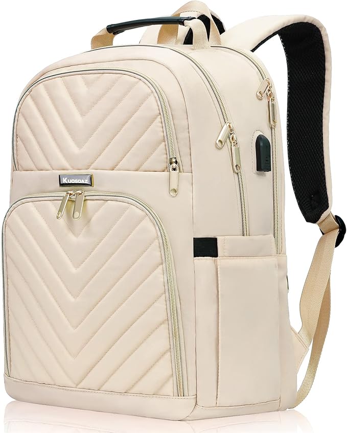 Laptop Backpack for Women, Large School Backpacks for Girls,17.3 Inch Fashion Quilted College Bookbags with USB Charger, Beige Womens Travel Backpack
