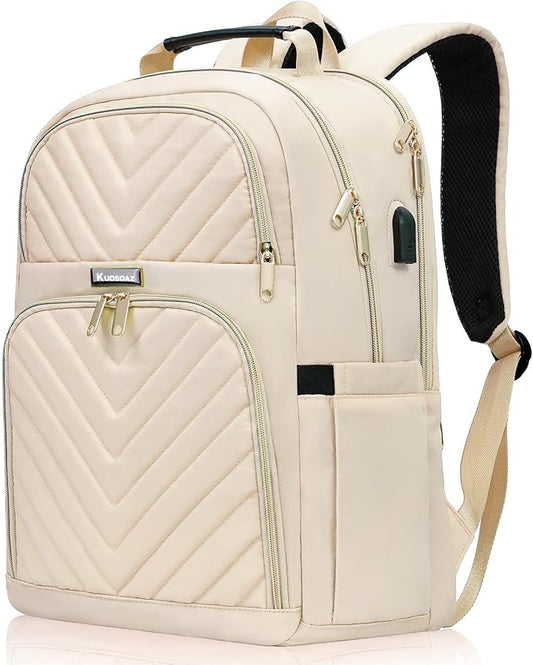Laptop Backpack for Women, Large School Backpacks for Girls,17.3 Inch Fashion Quilted College Bookbags with USB Charger, Beige Womens Travel Backpack