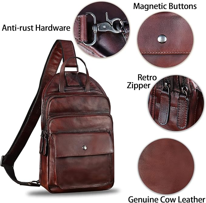 Genuine Leather Sling Bag for Men and Women Vintage Real Leather Fashion Sling Backpack Shoulder Crossbody Chest Purse