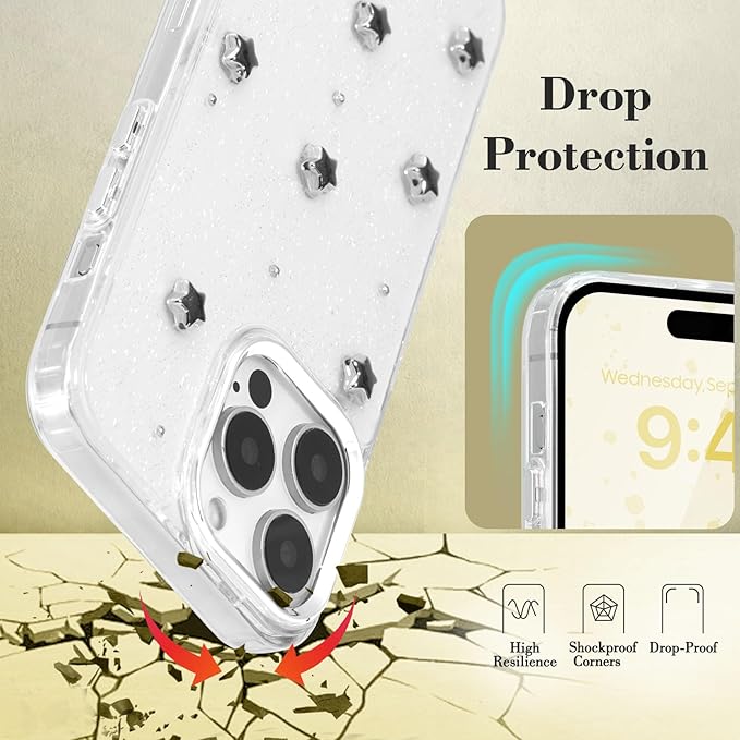 EYZUTAK Case for iPhone 14 Pro, Bling Glitter 3D Stars Phone Case Cute Sparkly Crystal Clear Star Aesthetic Design Case Slim Soft Durable TPU Transparent Protective Cover for Women Girls - Star