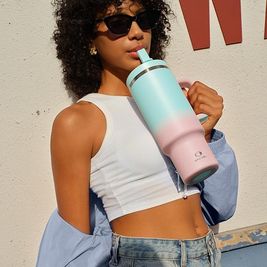 40 oz Tumbler with Handle and Straw: Stainless Steel Insulated Tumbler Keeps Cold for 24 Hours, Leakproof Travel Cup Fits in Cup Holder and BPA-Free, Cherry Blossom