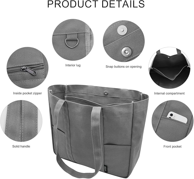 TeeYee Women's 20L Canvas Tote Bag Reusable Multi-Pocket Organizer for Travel Work Gym Shopping Large Shoulder Bag