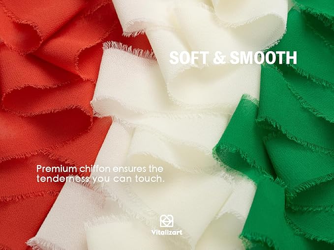 Vitalizart Christmas Handmade Chiffon Silk Ribbon Fringe 1.5" x 21 Yd Frayed Edges Ribbons for Wedding Invitations Bridal Bouquets Gifts Wrapping Crafts Holiday Decorations Red Green White