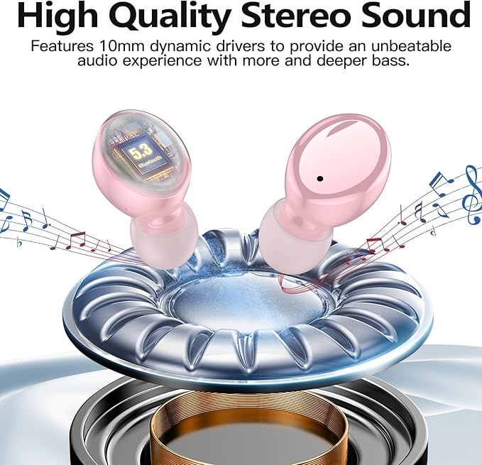 kurdene Wireless Earbuds Bluetooth 5.3 in Ear Buds Light Weight Headphones,Deep Bass Sound,Built in Mics Headset,Clear Calls Earphones for Sports Workout Glossy Bight Pink