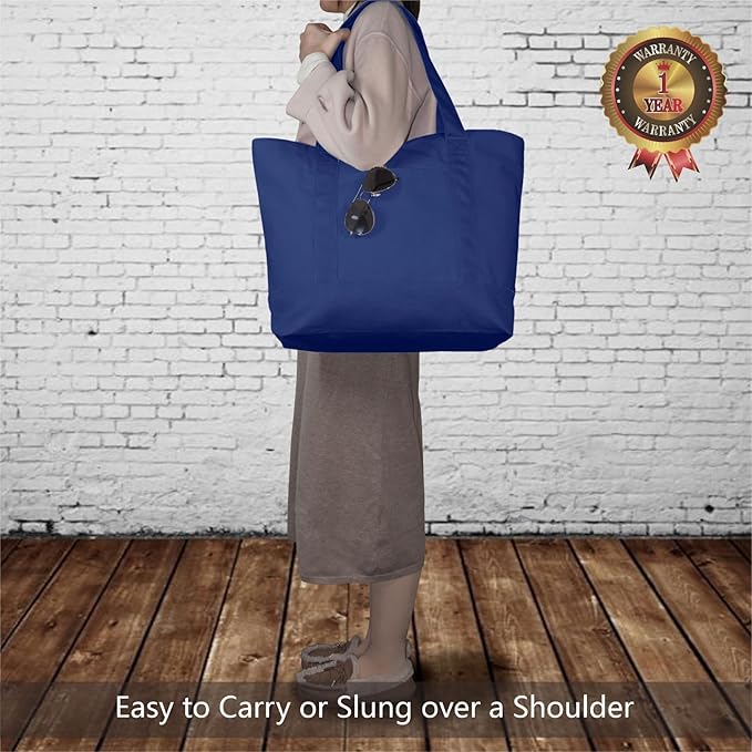 TOPDesign 6-Pack Canvas Tote Bags with an External Pocket, Reusable Grocery Shopping Bags, Top Zipper Closure, Daily Essentials (Blue)