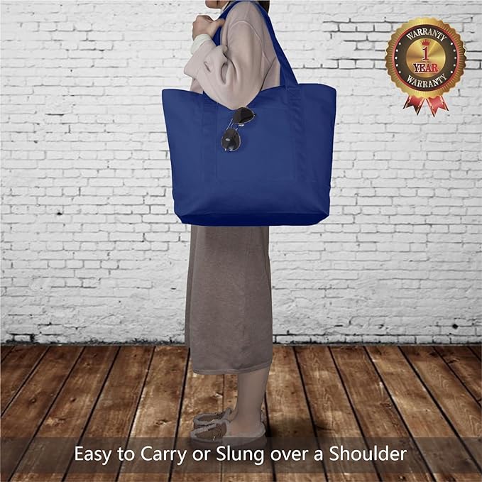 TOPDesign 30-Pack Canvas Tote Bags with an External Pocket, Reusable Grocery Shopping Bags, Top Zipper Closure, Daily Essentials (Blue)