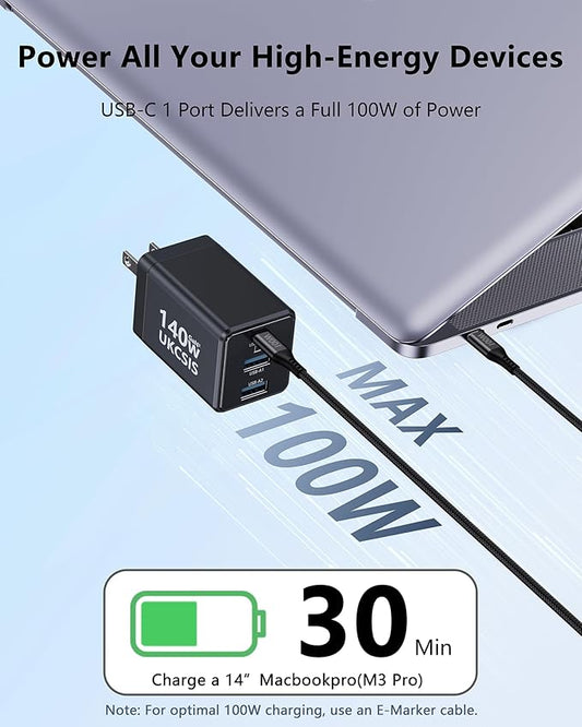 140W USB C Charger Block, Foldable 3-Port Multi-Device Fast Power Adapter, USB C Charger for MacBook pro/Air, Dell, Samsung Galaxy, iPad Pro, and More (Black)