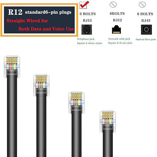 LanSenSu RJ12 Cable Phone Cord RJ12 6P6C Male to Male Straight Wired for Both Data and Voice Use - 2Pack (Black, 3.3FT)