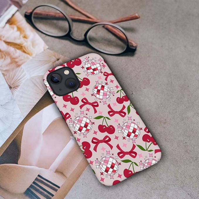 DAIZAG Case Compatible with for iPhone 15,Cute Pink Cherry Disco Ribbon Star Phone Case for iPhone 15 for Girl Women Boy Men