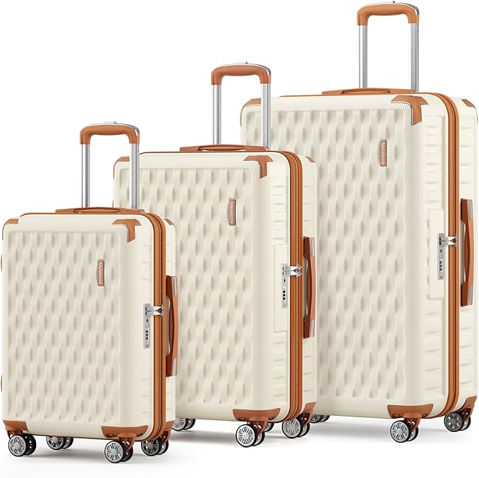 Melalenia Luggage Sets 3 Piece, Hard Shell Carry on Suitcase with Spinner Wheels and TSA Lock, Travel Lightweight Luggage Set for Women, Beige Brown