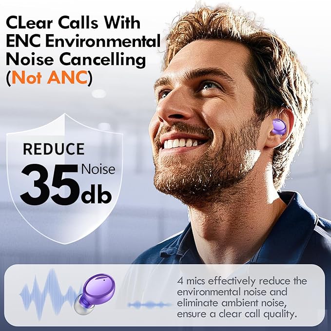 Lanteso True Wireless Bluetooth 5.3 Earbuds, 48H Playtime,Light Weight Headphones in Ear Buds Built in Mic Headset Premium Sound with Deep Bass,Clear Calls Earphones for Sports Workout Purple