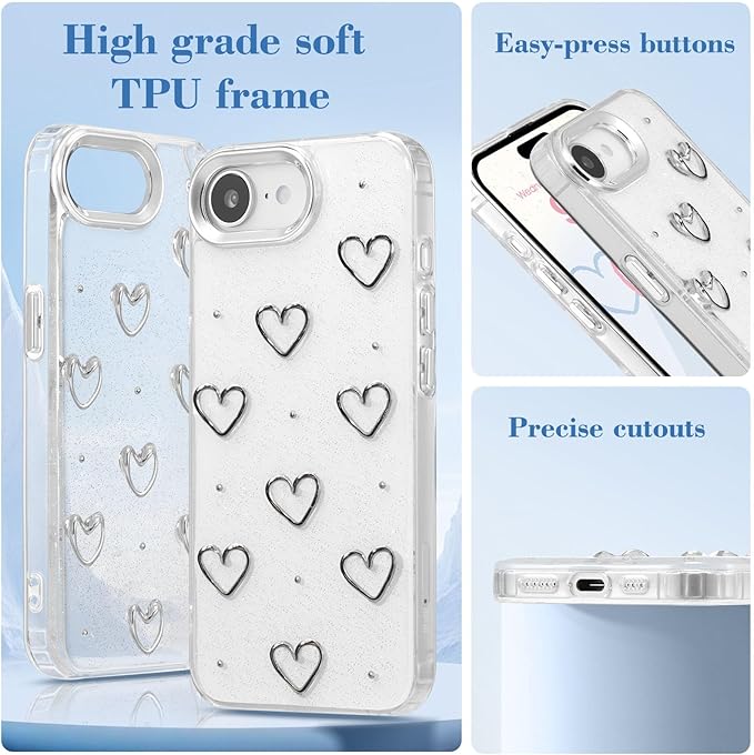 EYZUTAK Case for iPhone 16e, Bling Glitter 3D Hearts Phone Case Cute Sparkly Crystal Clear Heart Aesthetic Design Cover Slim Soft Durable TPU Transparent Protective Cover for Women Girls - Heart