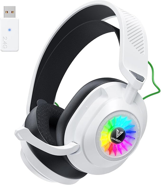 HW10 Wireless Gaming Headset for PC, PS5, PS4, 2.4GHz Low-Latency USB Dongle & Bluetooth Dual Mode Gaming Headphones with Noise Cancelling Mic, RGB Lights, 50H Battery(White)
