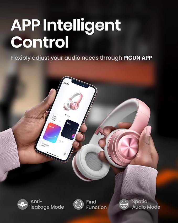 Picun Solo6 Wireless Bluetooth Headphones, 5EQ Music Mode, On-Ear Headphone with Built-in Microphone, Foldable Headset with 140H Battery Life, App Control for Girls, Home, School, Travel (Rose Gold)