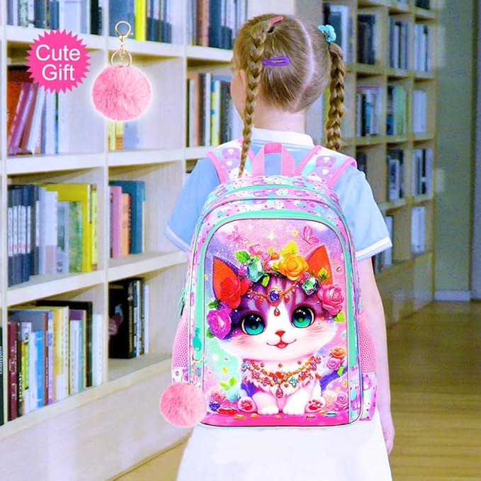 3Pcs Cat Backpack for Girls, 16" Kids School Backpacks with Lunch Box, Bookbag for Elementary Preschool Kindergarten(Pink)