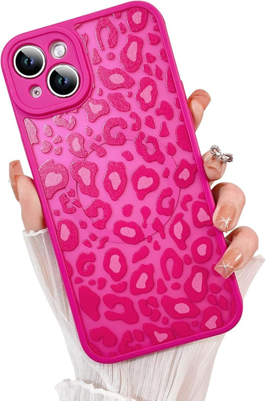KANGHAR Case for iPhone 15 Plus Hot Pink Leopard Printed Pattern Cute Cheetah [Compatible with Magsafe] Protective Magnetic Case for Girls Women 6.7"