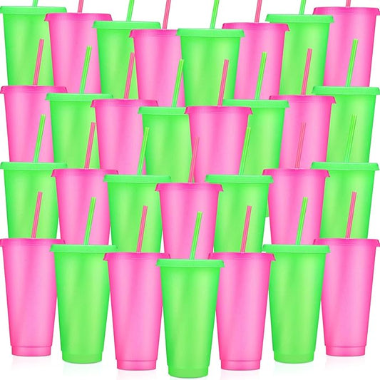 Honeydak 30 Pack Tumbler with Straw and Lid Bulk Glitter Plastic Cups Water Bottle Iced Coffee Travel Mug Reusable Party Favor Cups for Birthdays travel 24-27 oz (Pink and Green)