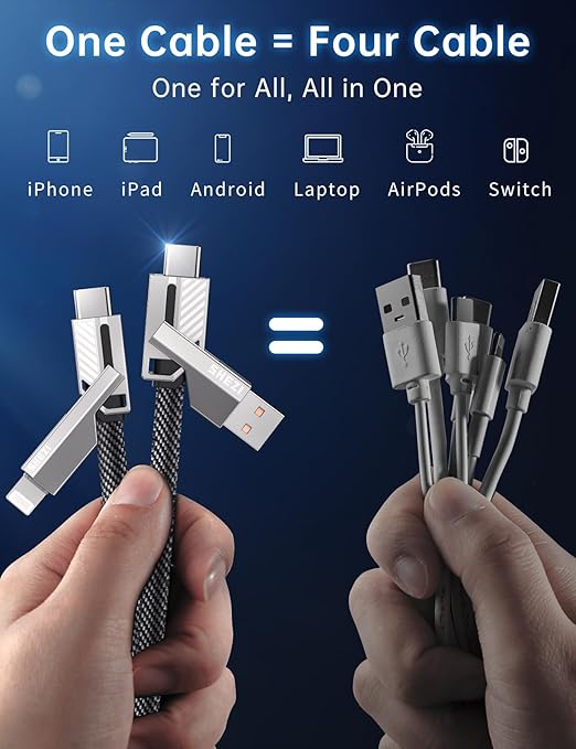 [One is Enough] 4-in-1 Compatible with USB C to Lightning Cable, 65W High-Speed Charging & Fast Data Transfer,CarPlay & Android Auto Support Multi Charger Cord Combo for iPhone/Samsung/iPad,3FT