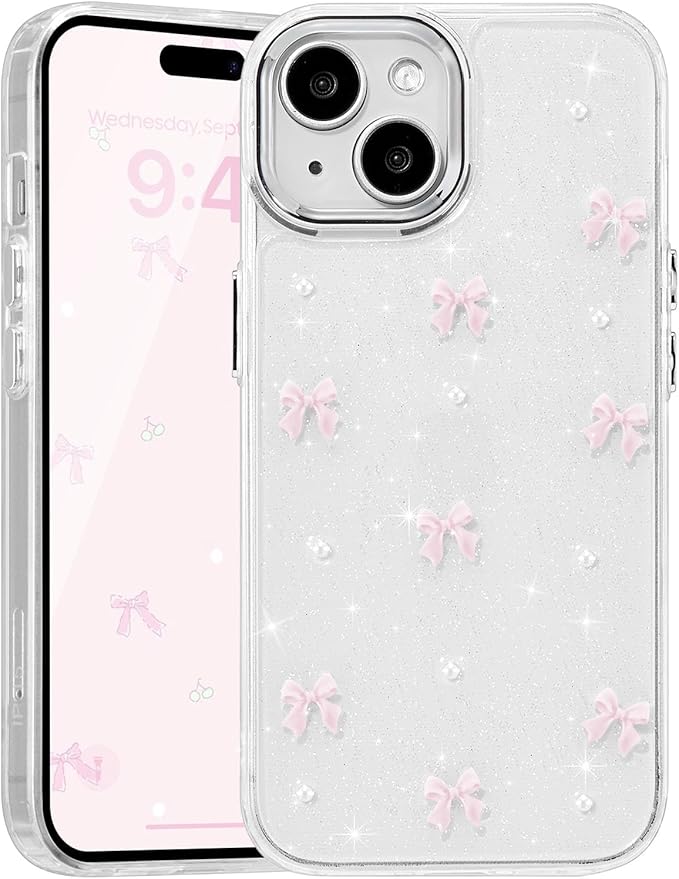 EYZUTAK Case for iPhone 15 Plus, Bling Glitter 3D Bowknot Phone Case Cute Sparkly Crystal Clear Bow Aesthetic Design Case Slim Soft Durable TPU Transparent Protective Cover for Women Girl - Pink Bow