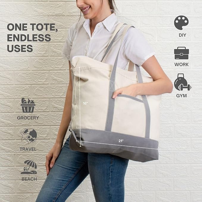 Cotton Canvas Tote Bag with an External Pocket & Top-Zipper Closure For - Gym, Beach, DIY, Work, Travel, Shopping