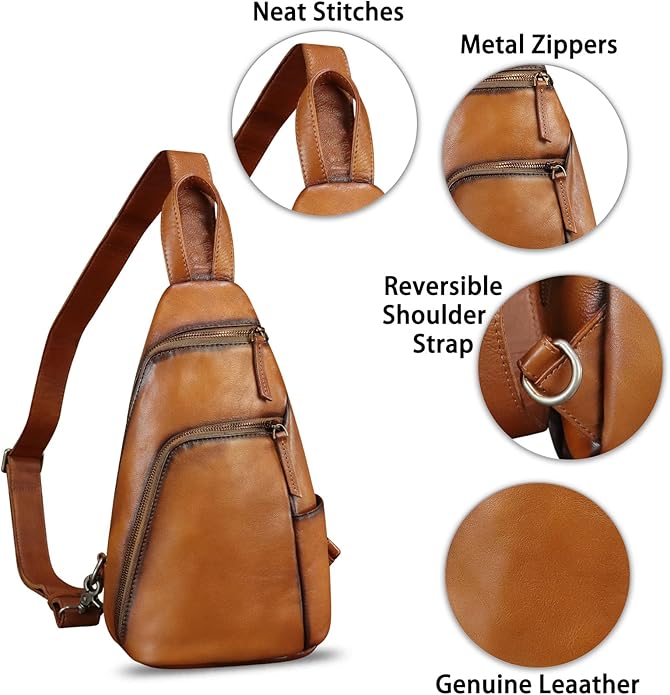 Genuine Leather Silng Bag for Men and Women Vintage Leather Sling Backpack Purse Shoulder Crossbody Bag Chest Bag