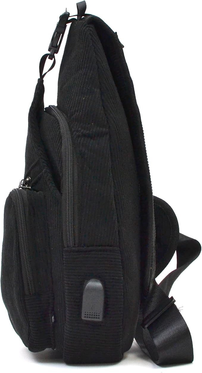 Anti-Theft Daypack Crossbody Sling Backpack, USB Charging, Lightweight Day Pack for Travel, Hiking, Everyday, Large, Black Corduroy