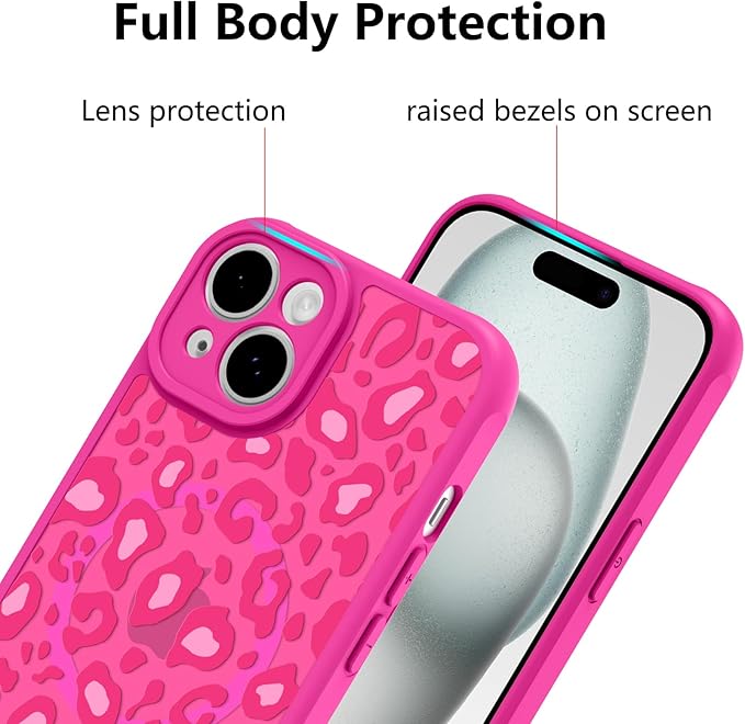 KANGHAR Case for iPhone 15 Plus Hot Pink Leopard Printed Pattern Cute Cheetah [Compatible with Magsafe] Protective Magnetic Case for Girls Women 6.7"