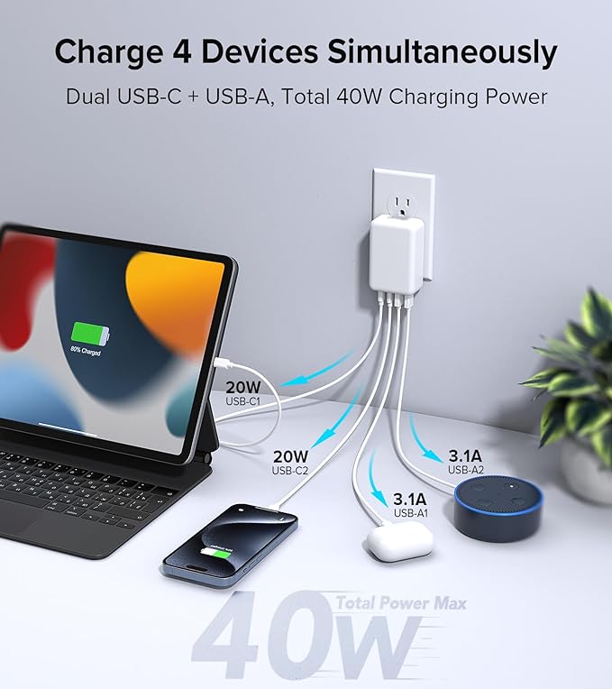 2Pack Flat USB C Wall Charger,40W 4Ports Foldable & Slim Fast Charging Block,Type C Cube Box Multiport Power Adapter Plug Brick Compatible with iPhone 16/15/14,Samsung,Pixel, AirPods4,Watch10
