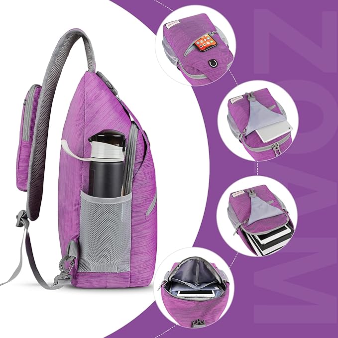 ZOMAKE Sling Bag,Small Crossbody Sling Backpack,Water Resistant Shoulder Daypack for Travel,Anti Thief Chest Bag for Hiking(Purple(Stripe))