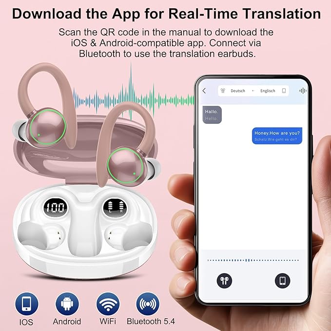 Ai Language Translation Earbuds, 144 Language Translator Earbuds 3-in-1 Translation Headphones, Rose Gold