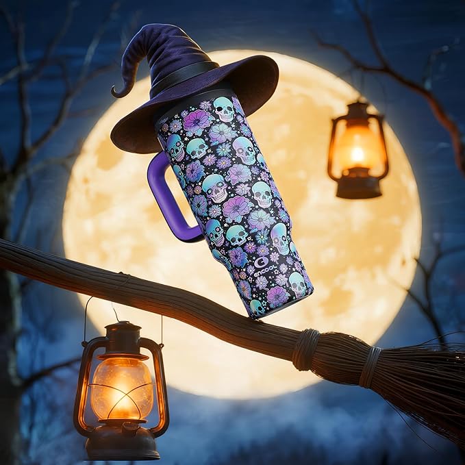 40oz Halloween Tumbler with Handle and Straw, Stainless Steel Insulated Water Bottle with Straw, Leak-Proof, Cup Holder Friendly, Keeps Cold 24 H, Gifts for Women Men, Floral Afterlife