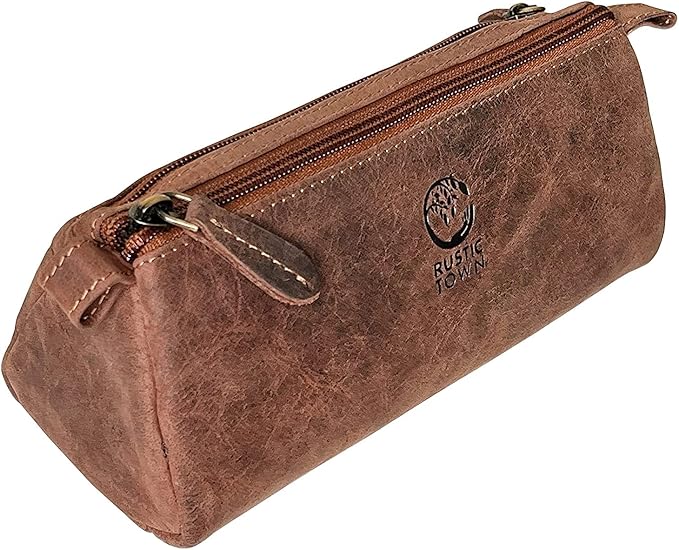 Rustic Town Leather Pencil Case - Full Grain Leather Zippered Pen Pouch - Stationery Bag Pen Holder for Work & Office