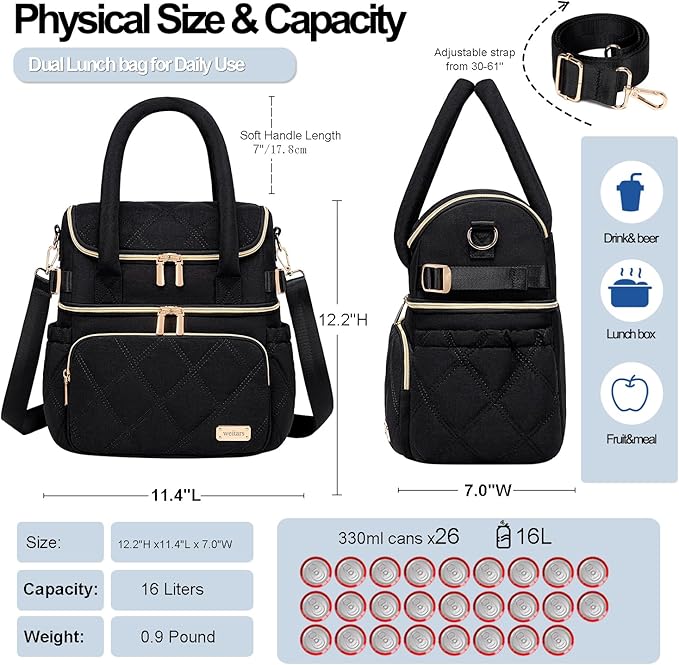 Weitars Lunch Bag for Women Men,Double Deck Lunch Box for Women,Quilted Lunch Tote for Work,Insulated Lunch Cooler Leakproof Lunchbox for Adult with Shoulder Strap &Pockets for Picnic Hiking (Black)