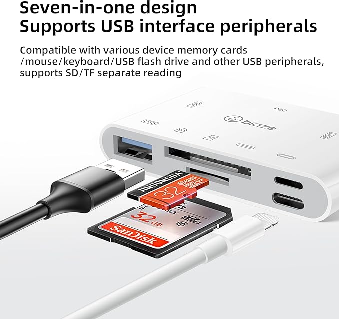 7-in-1 SD Card Reader for iPhone, Lightning/USB C/USB OTG Adapter, SD and MicroSD Memory Card Reader for Phone/Pad/PC/Laptop/USB C and USB A Devices Plug and Play No Application Required